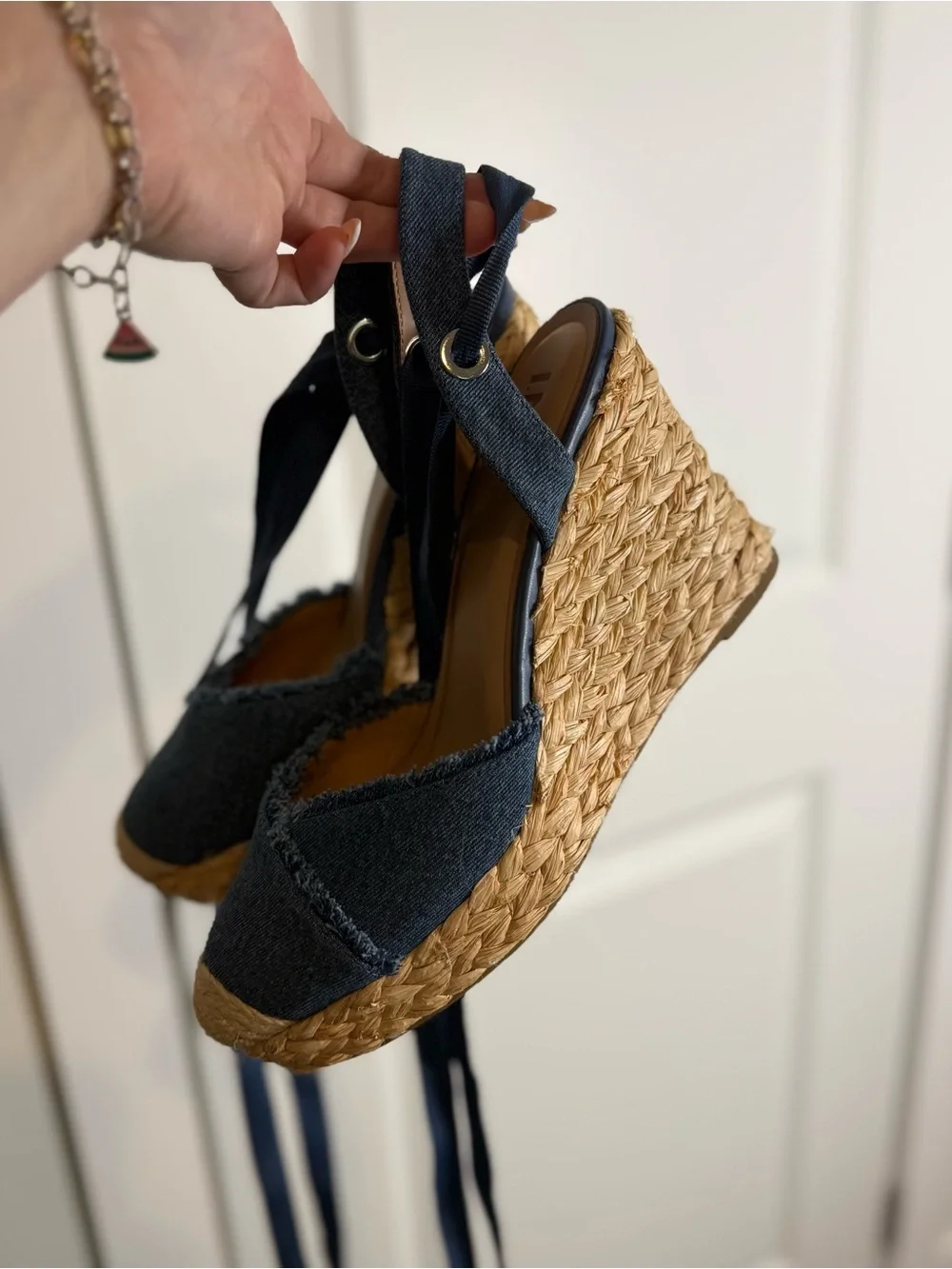 INC International Concepts Denim Blue Espadrille Wedge Sandals with Wrap Ankle